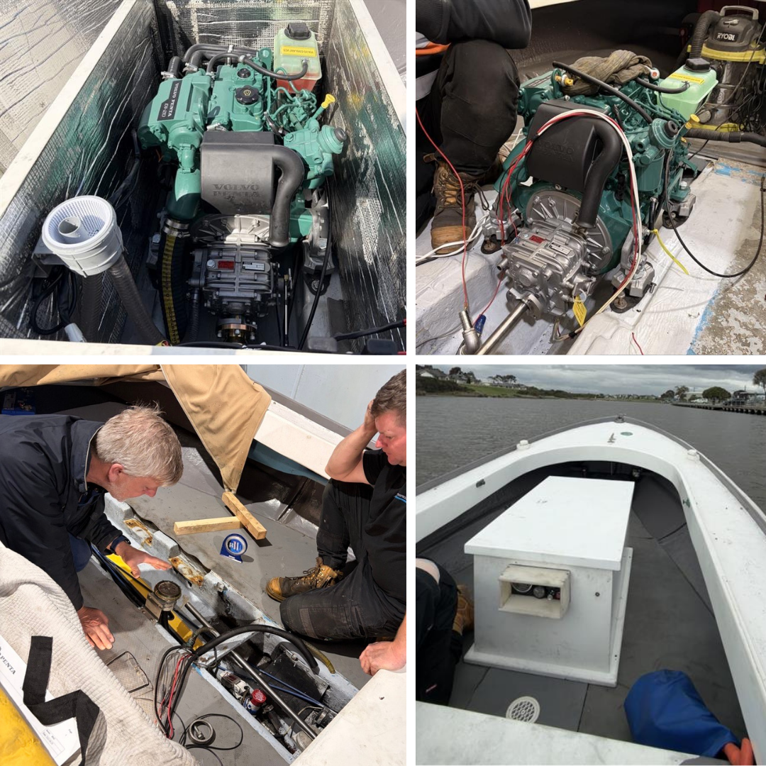 Collage of new Volvo Penta marine engine being installed.