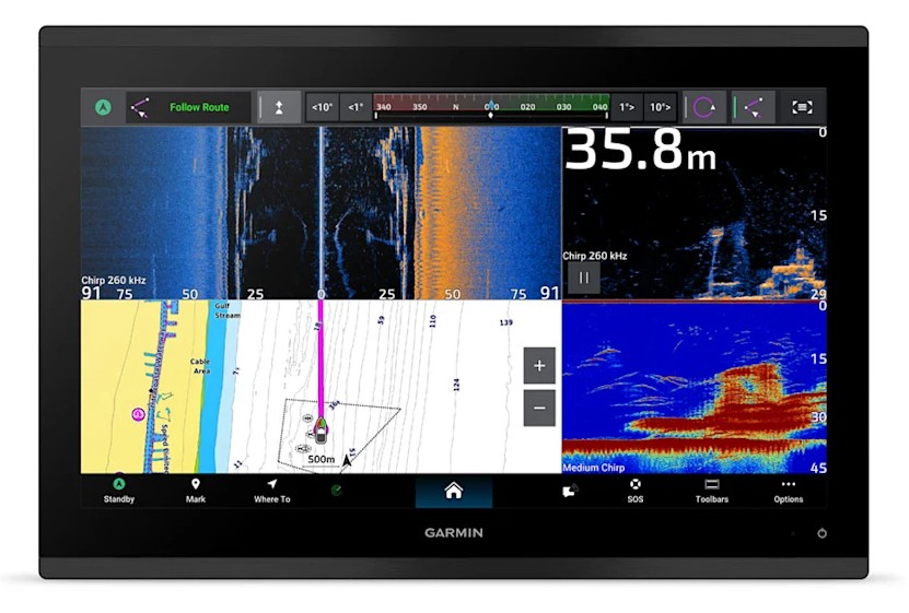 Garmin Chart Plotter screen showing various chart information.